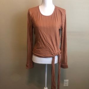 everly blouse striped Burnt Orange Tie Waist Long Sleeve Medium Rayon Business